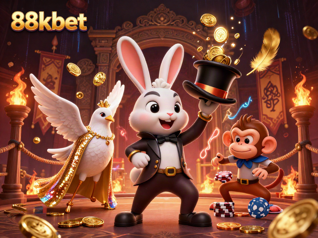 Experience thrilling play with 88kbet's magician rabbit pulling golden coins in a lively casino scene.