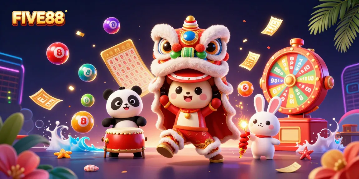 Experience the excitement of FIVE88 with vibrant casino elements and festive characters.