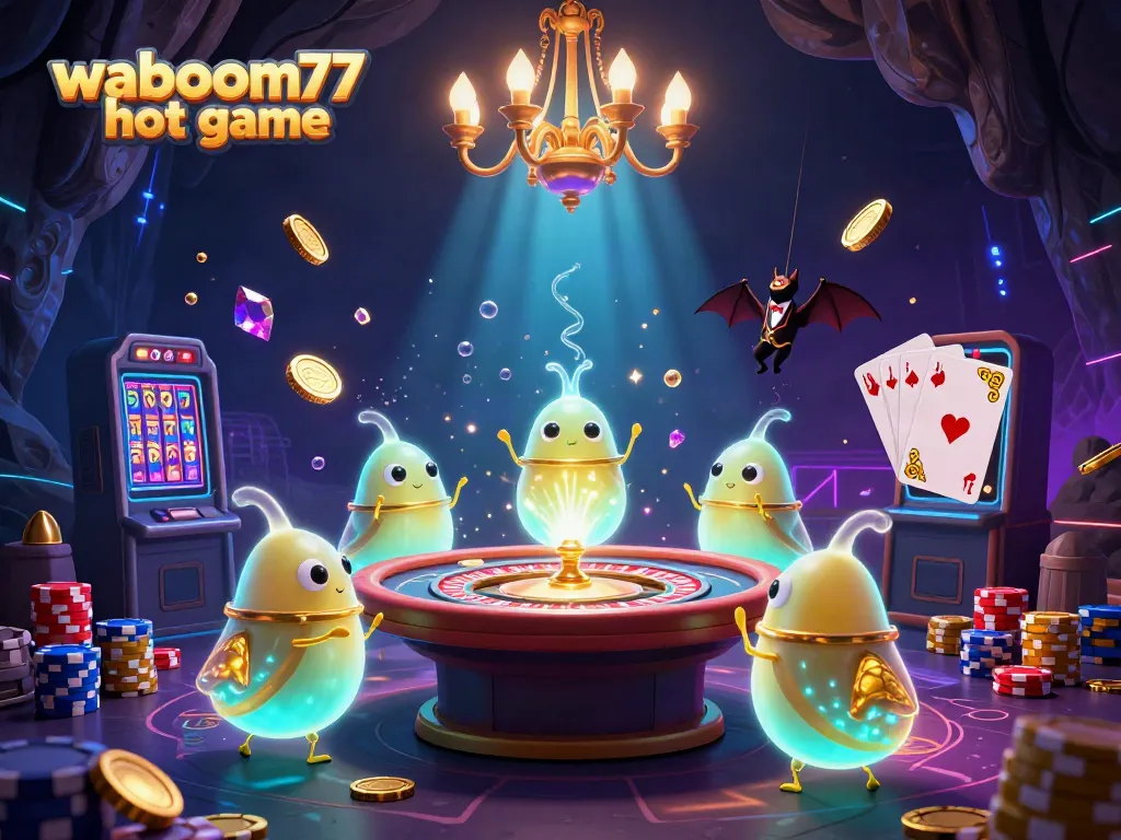 Main scene depicting waboom77 hot game, showcasing glowworms and a bat dealer in a vibrant cave casino.