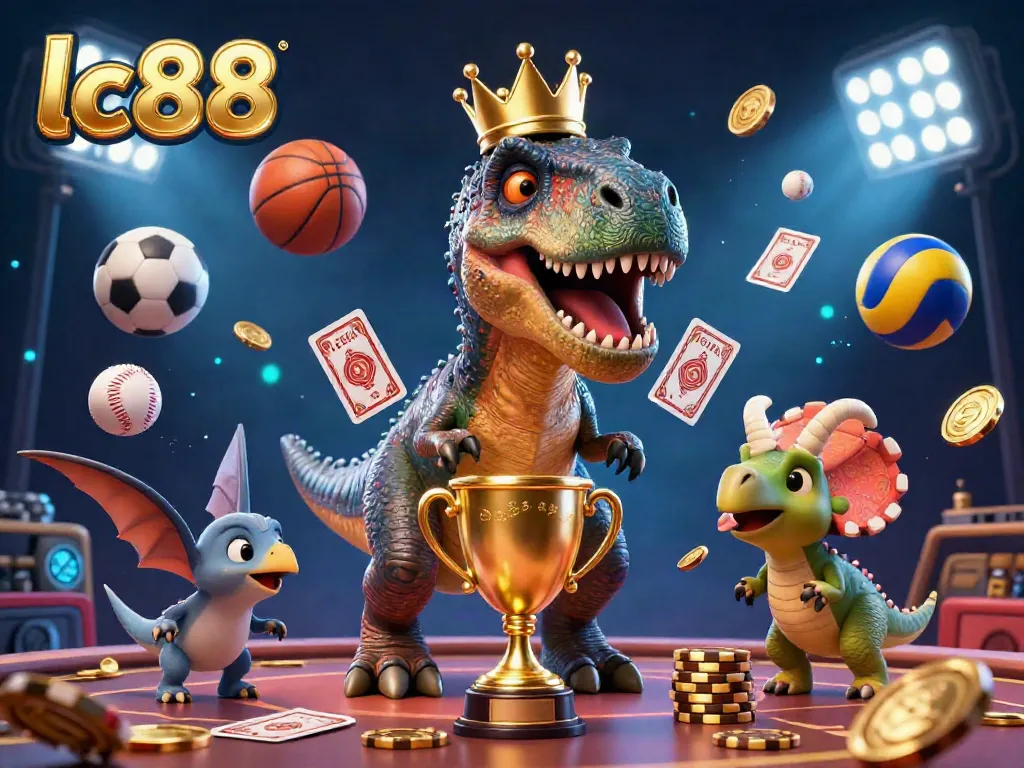 Experience exciting gameplay at lc88 with a friendly T-Rex and friends in a vibrant casino scene.