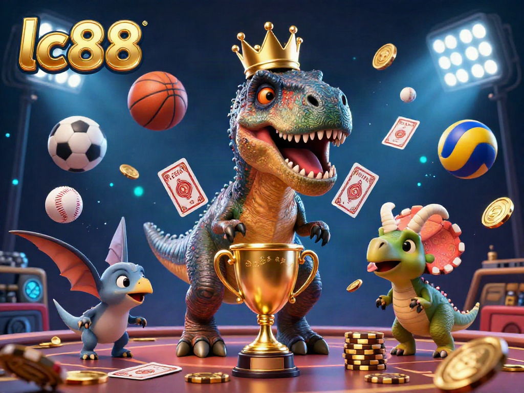 Experience exciting gameplay at lc88 with a friendly T-Rex and friends in a vibrant casino scene.