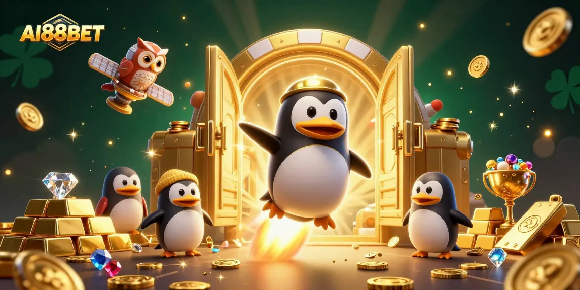 Experience the thrilling adventure of AI88BET with the golden penguin soaring past a vibrant casino.