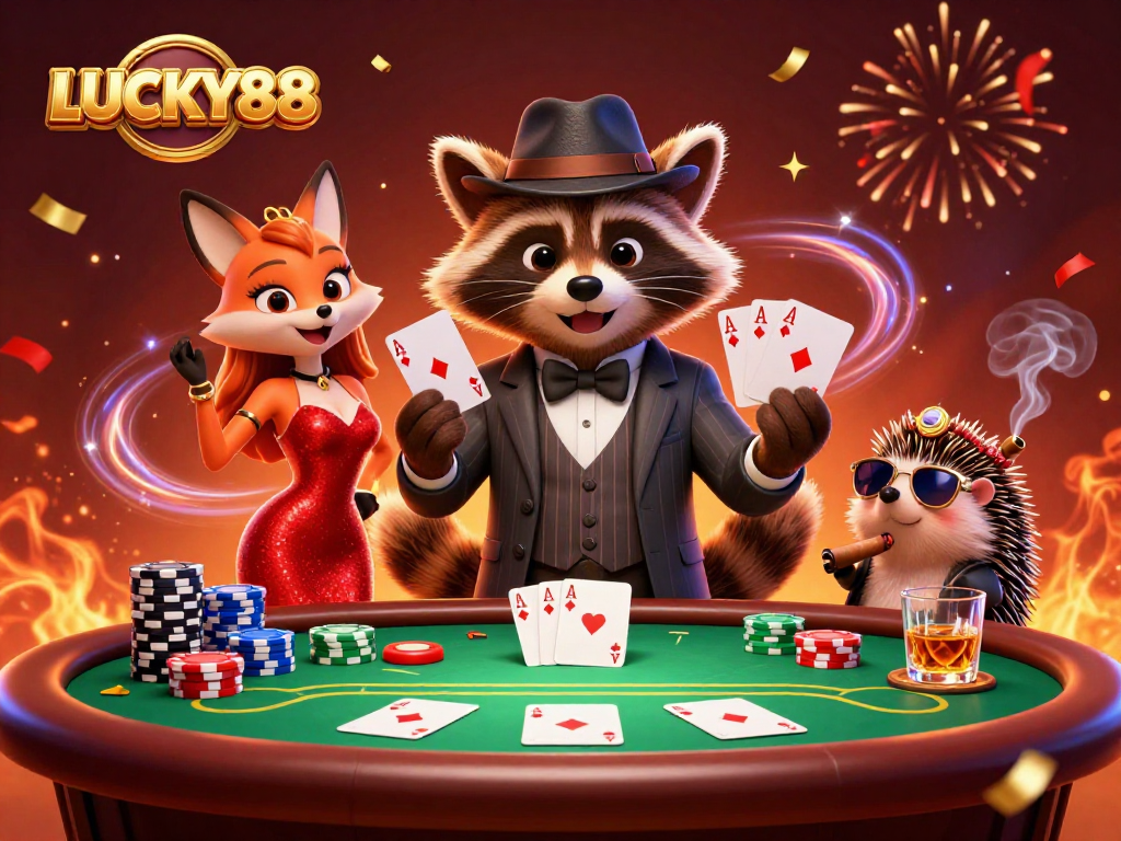 LUCKY88 brings excitement as a raccoon in a suit showcases a royal flush at a lavish poker table.