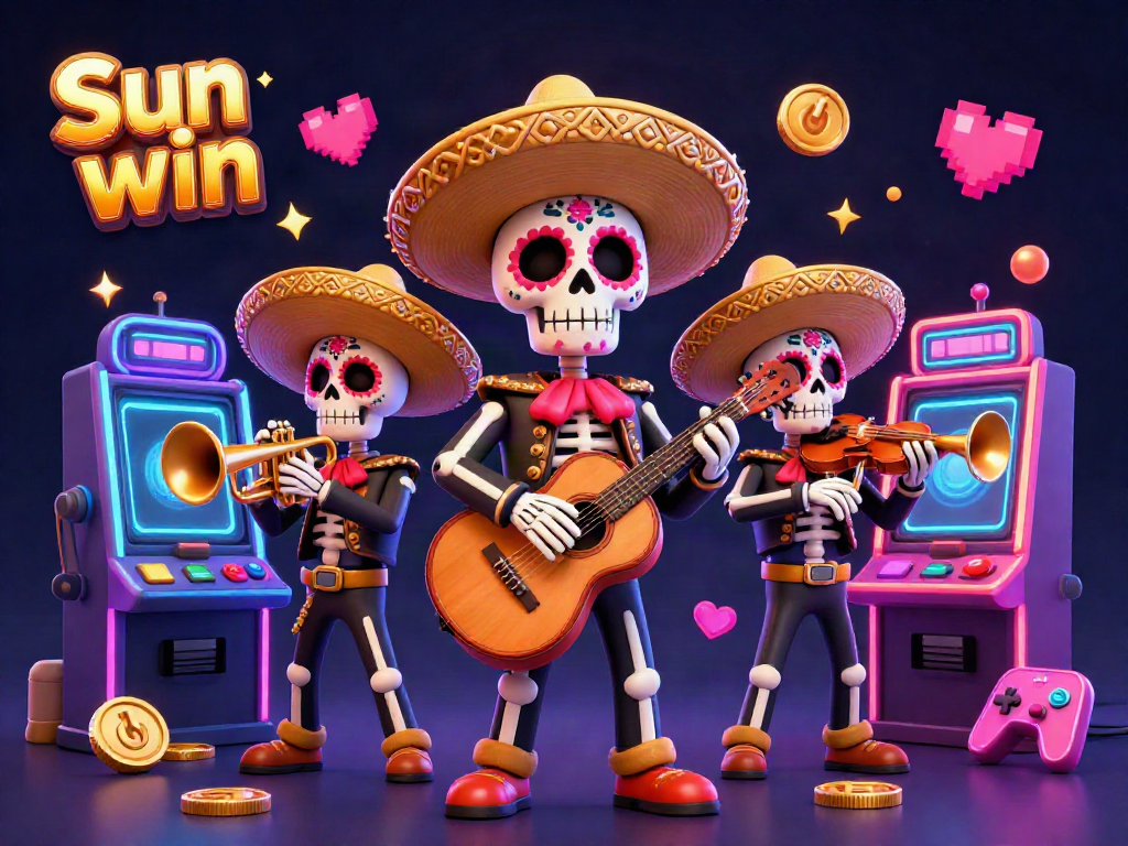 Experience the vibrant energy of Sun win in this colorful 3D casino scene with lively characters and engaging game elements.
