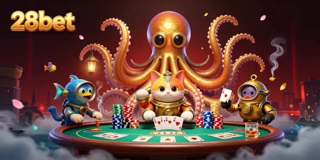Explore thrilling wins at 28bet with a dynamic scene blending rich casino elements and engaging characters.