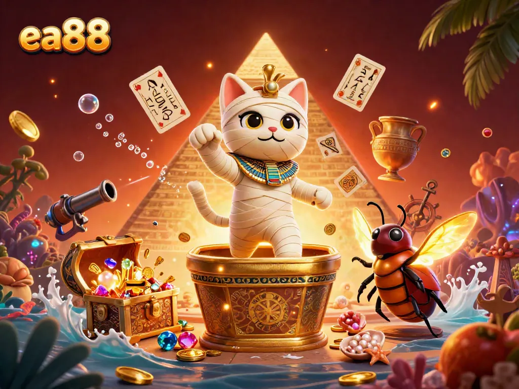 Experience thrilling adventures at EA88 casino with vibrant mummy cat and glowing elements.