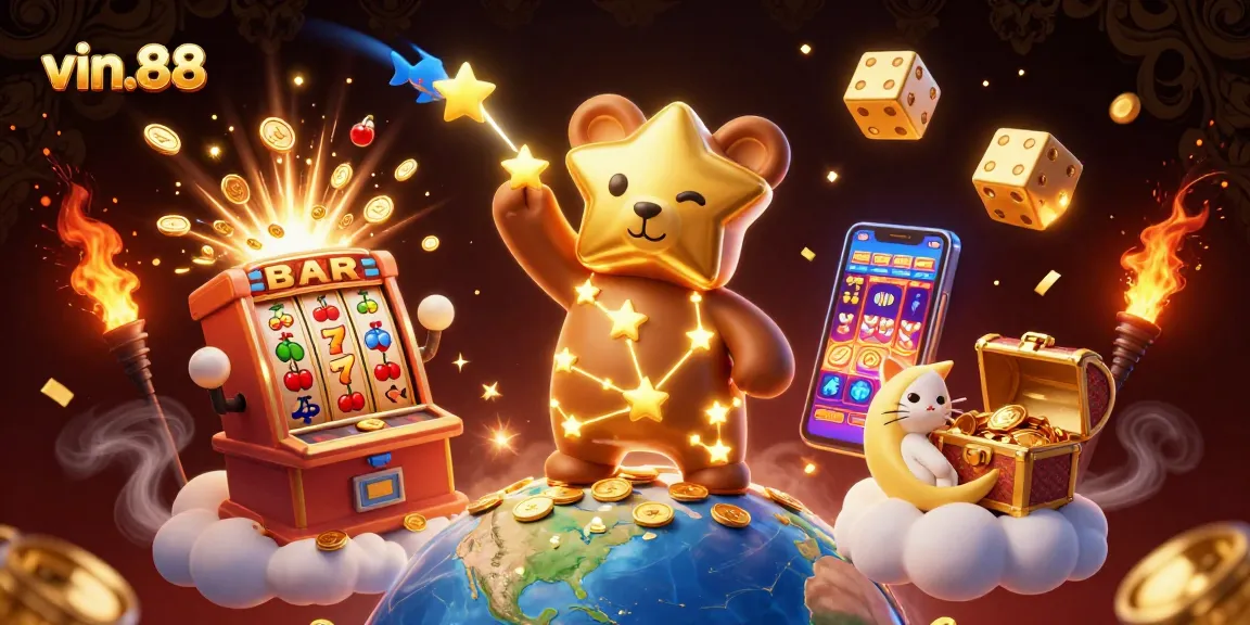 Experience thrilling wins at vin.88 with a dazzling 3D casino scene filled with games and treasures.