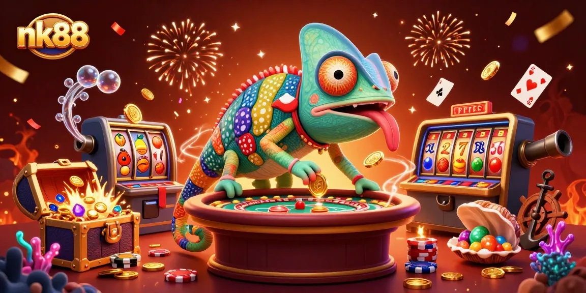 Experience vibrant gaming excitement at nk88 with a dynamic chameleon casino owner surrounded by vibrant slots and treasures.