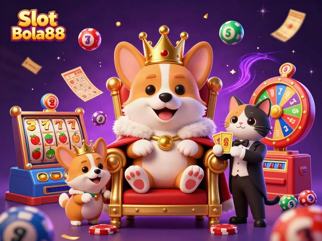 Experience thrilling Slot Bola88 action with a royal corgi on a poker chip throne and vibrant game elements