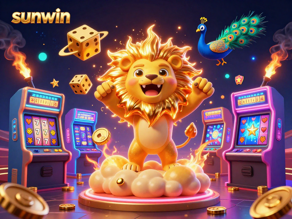 Engage with sunwin's vibrant casino world featuring a roaring sun lion, golden dice, and festive game elements.
