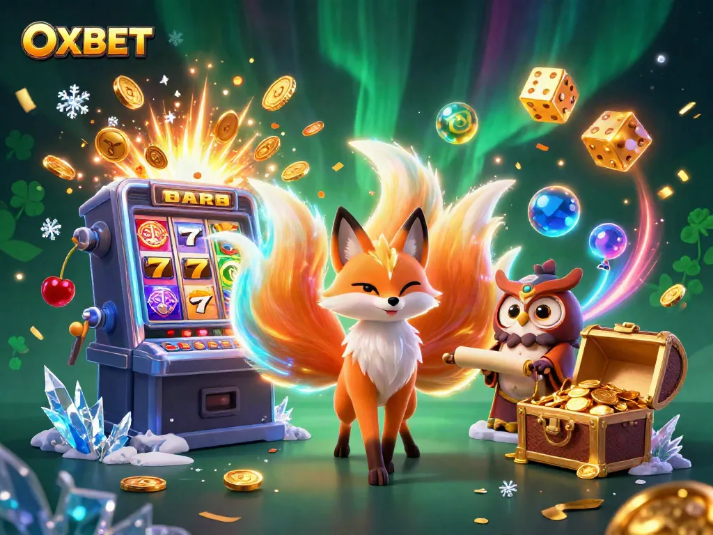 Experience OXBET's vibrant casino world with a dynamic nine-tailed fox alongside spinning slots and golden treasures.