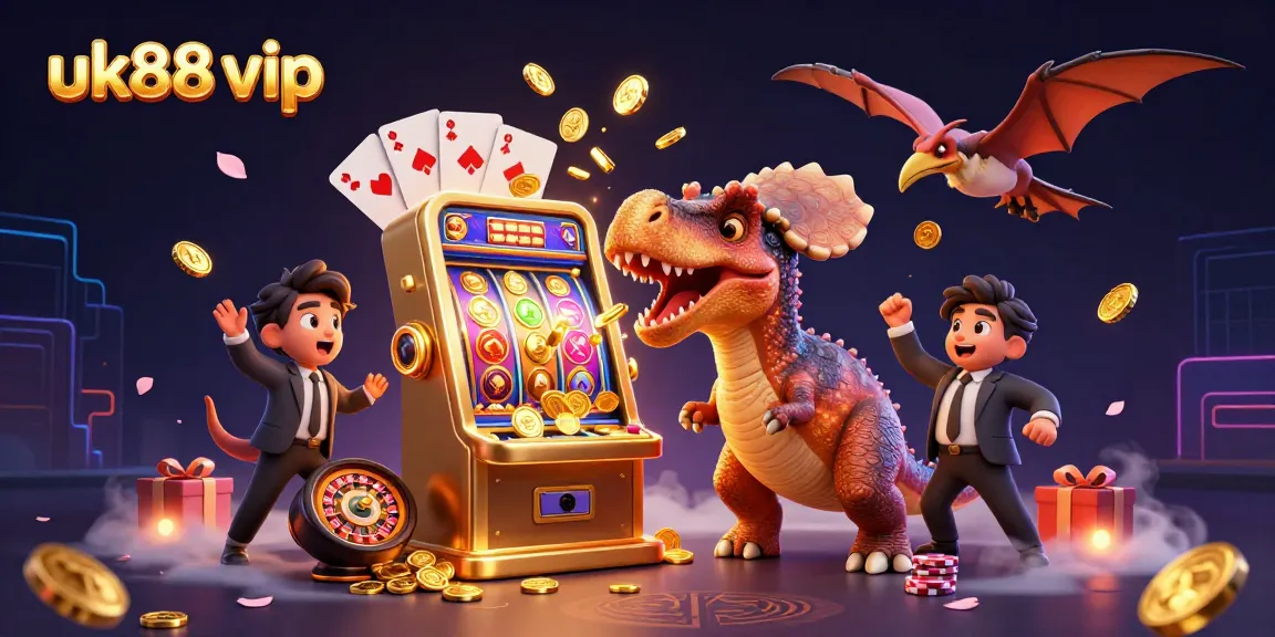 Witness the excitement of uk88 vip as dinosaur mascots interact with exhilarating slot machines and flying coins!