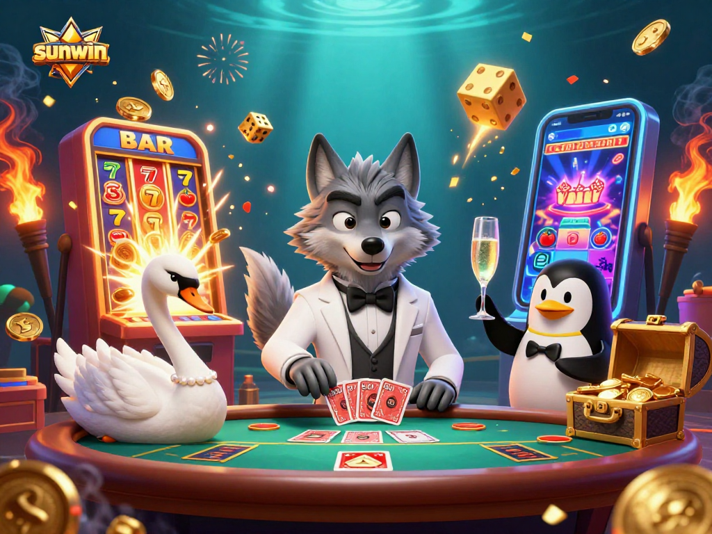 Experience sunwin action with a debonair wolf, elegant swan, and sophisticated penguin in a lively casino