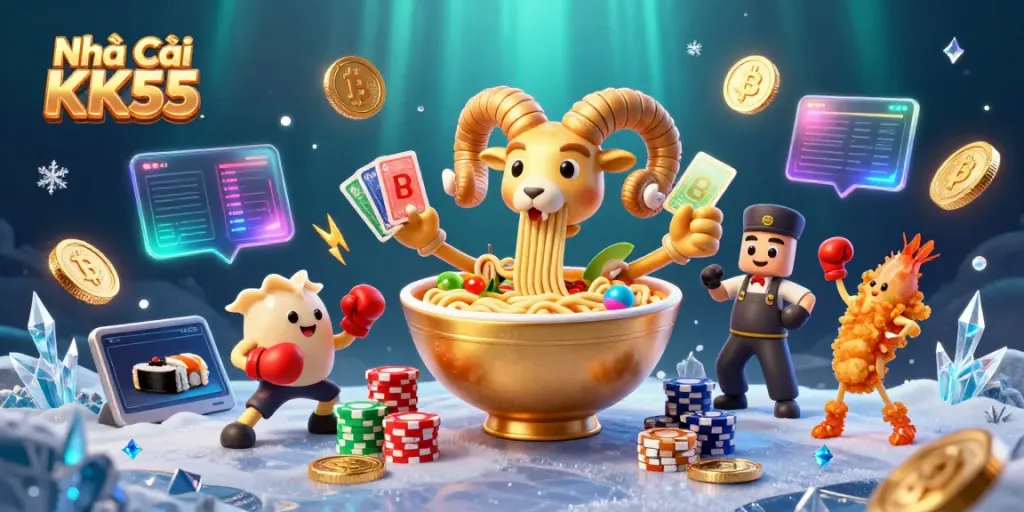 Engage with Nhà Cái KK55 in this vibrant casino scene featuring exciting characters and dynamic gaming elements.