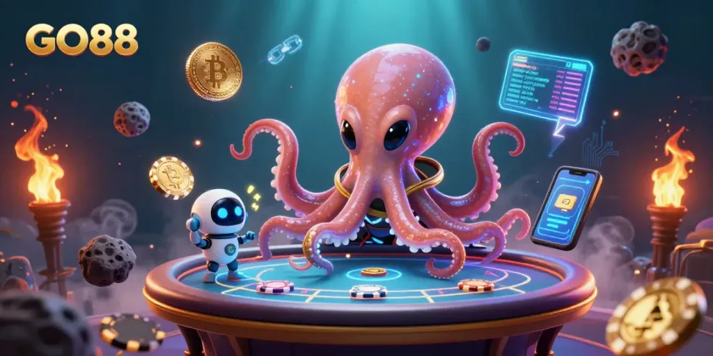 Experience GO88 with a cosmic twist as alien characters engage in dynamic poker action amidst blockchain visuals.