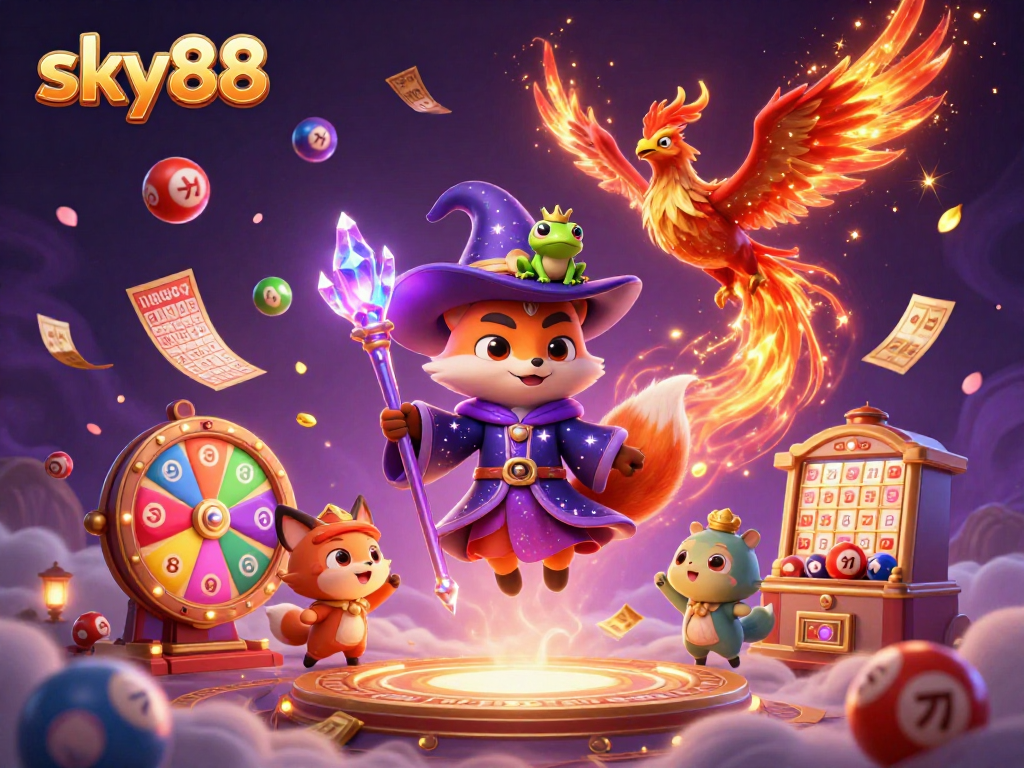Sky88 wizards celebrate with vibrant lottery balls and a glowing bingo card in a mystical scene.