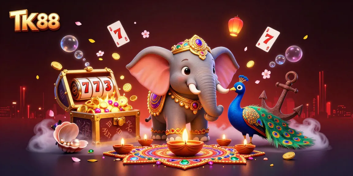 Engage at TK 88 with a vibrant casino illustration showcasing dynamic gambling elements and colorful characters.