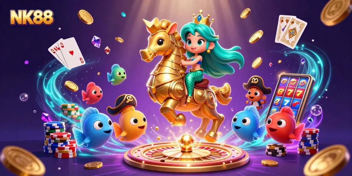 Immerse in NK88's vibrant casino world, featuring a mermaid princess, seahorse, and exciting game elements.