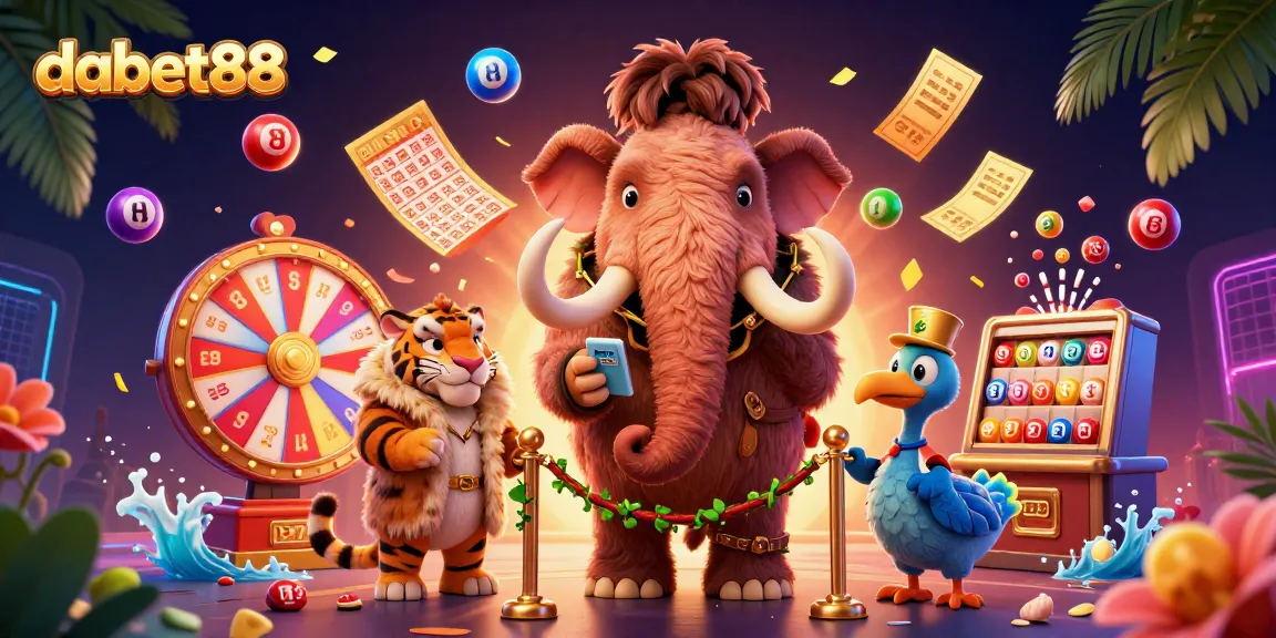 dabet88 showcases a vibrant casino scene with a mammoth bouncer and exciting game elements in motion.