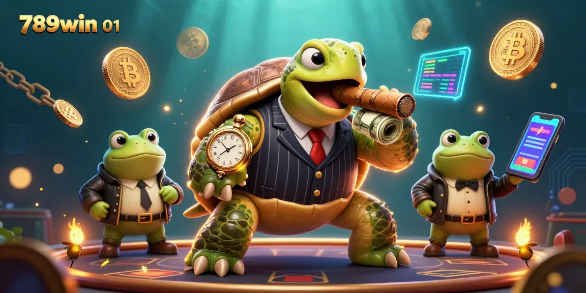 A powerful 789win 01 online casino scene with a snapping turtle mobster and bullfrog enforcers showcasing crypto elements.