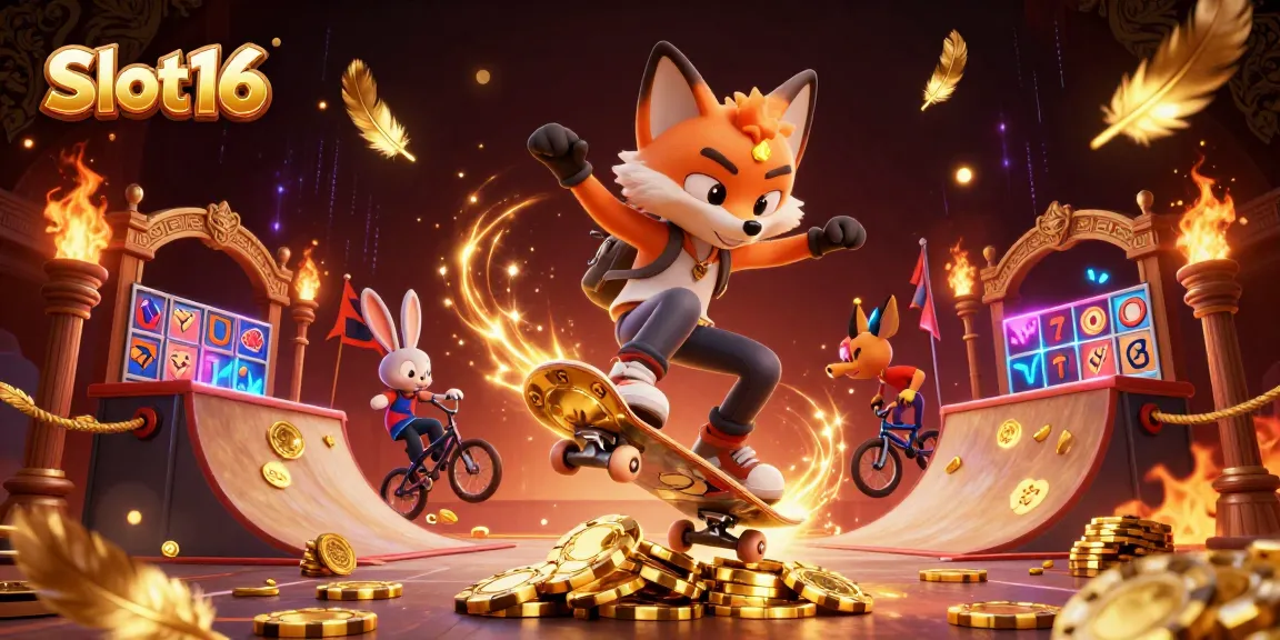 Experience thrilling action with Slot16 as a fox and rabbit showcase exciting tricks in a vibrant casino scene.