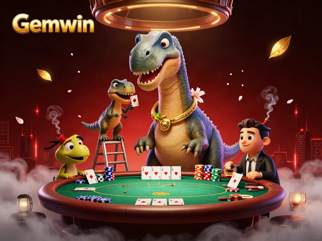 Gemwin promotes excitement with a vibrant scene of a brontosaurus overseeing a lively poker game.
