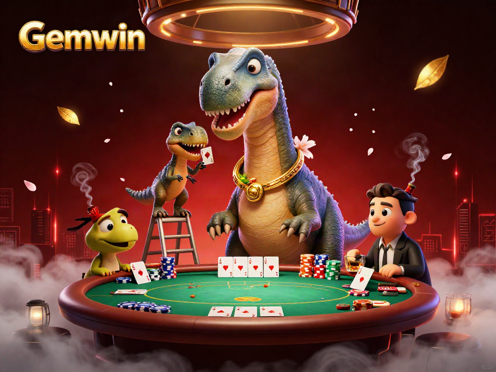 Gemwin promotes excitement with a vibrant scene of a brontosaurus overseeing a lively poker game.