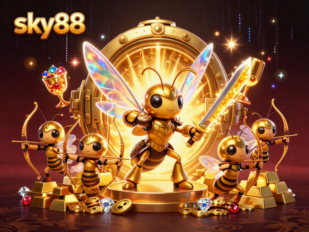 Engage with sky88's vibrant casino experience featuring a golden hornet and bee archers.