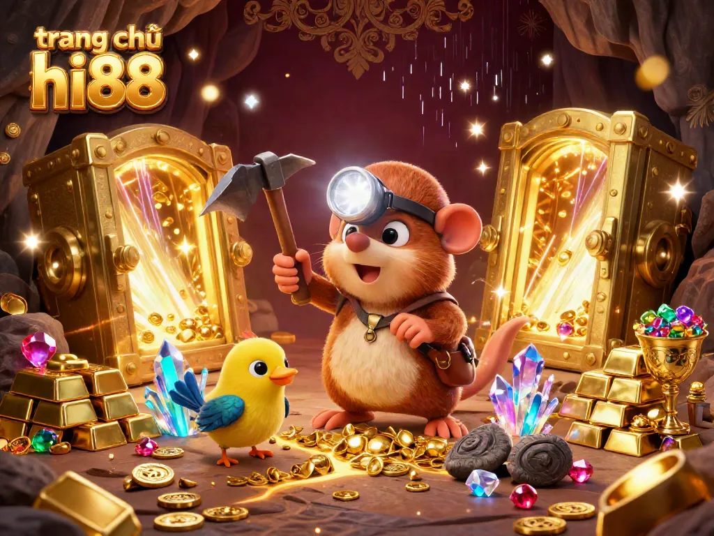 Experience the vibrant treasures within trang chủ hi88's detailed 3D digital illustration of a treasure hunt full of gems and gold.
