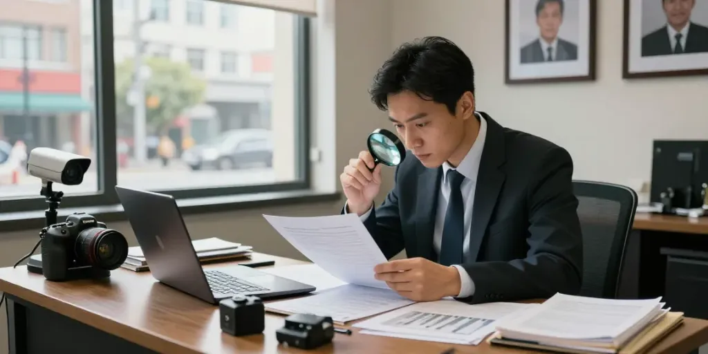 Detective office scene illustrating 탐정사무소 굿탐정 with analysis tools and case files.