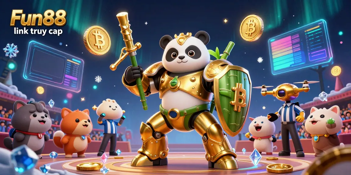 Engage with Fun88 link truy cập in a vibrant illustration depicting golden panda in mech-suit at an animated casino showdown.