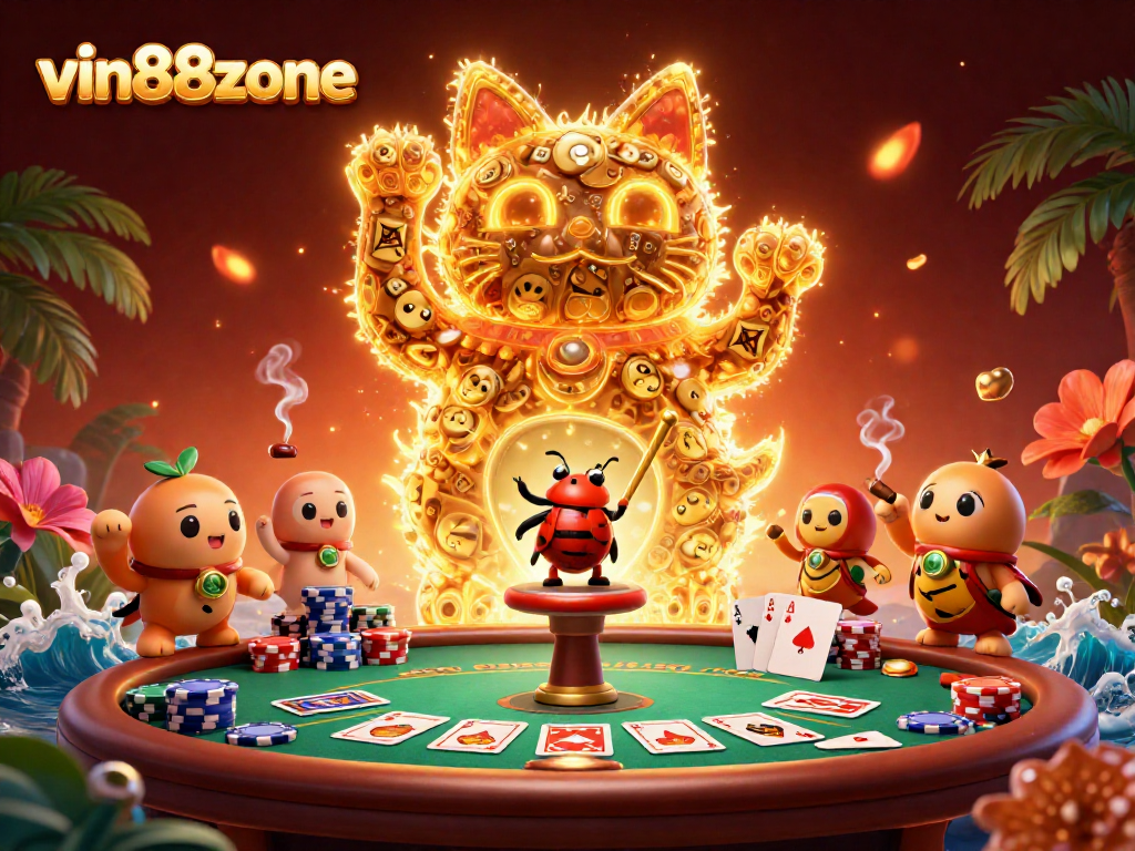 Experience the excitement of vin88zone as colorful fireflies create a lucky cat amidst a lively casino scene.