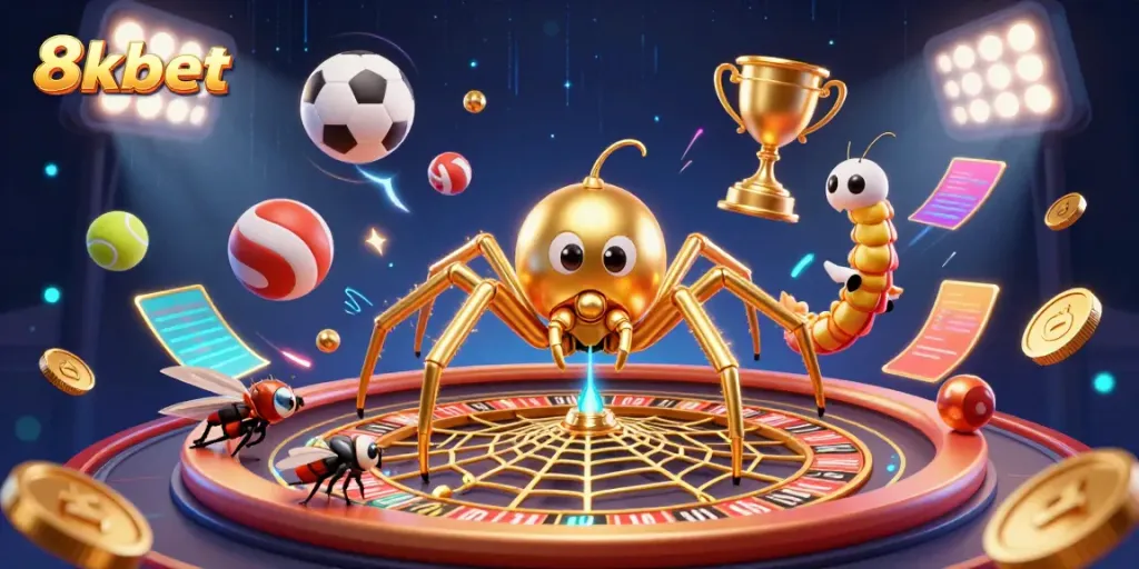 Engaging scene showcasing 8xbet with a golden spider web roulette wheel and dynamic sports balls.