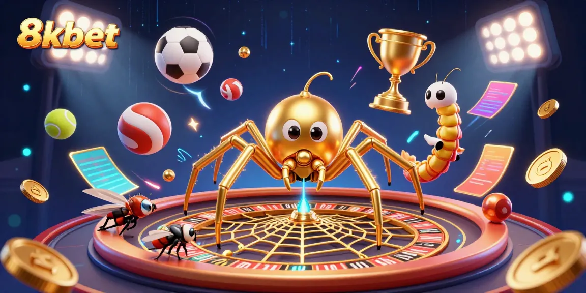 Engaging scene showcasing 8xbet with a golden spider web roulette wheel and dynamic sports balls.