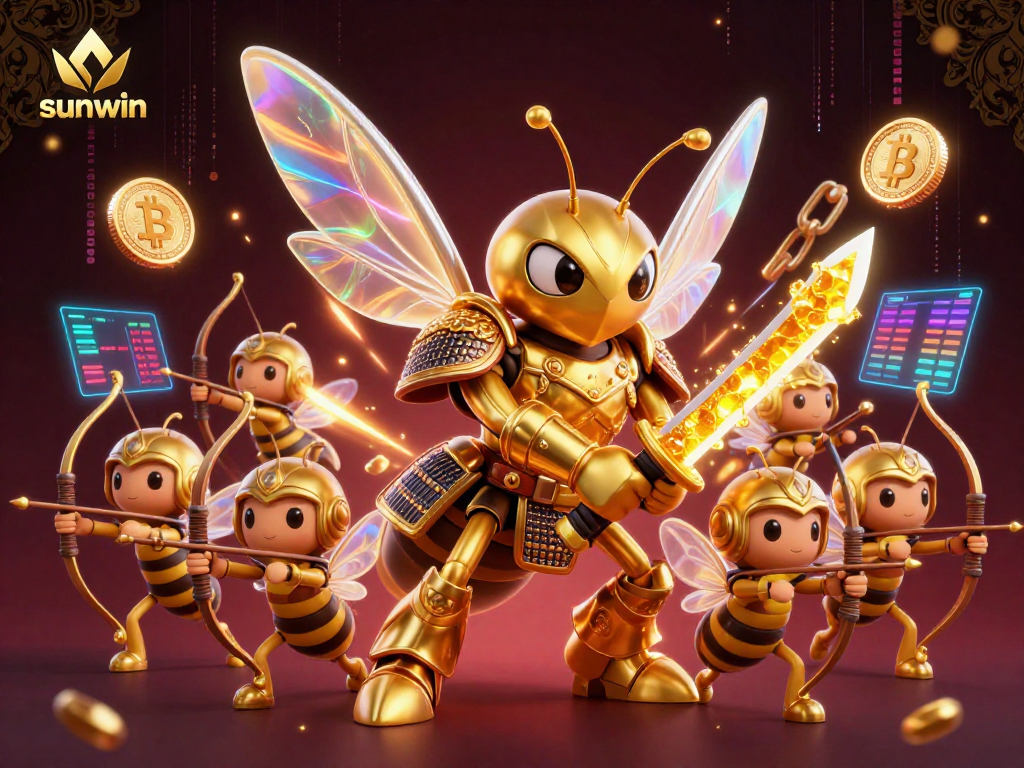Engage in exciting gameplay with sunwin's vibrant casino scene featuring golden hornets and crypto elements.