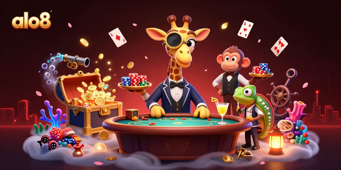 Experience the thrill of gambling at ALO8 with a vivid 3D casino illustration featuring exotic characters.