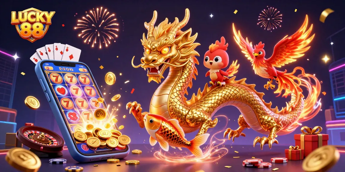 Engage with the thrilling atmosphere of LUCKY 88 featuring a golden dragon, phoenix, and koi in a vibrant casino scene.