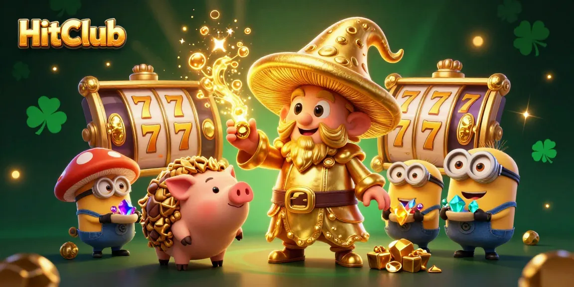 HitClub showcases an engaging 3D casino scene featuring dynamic slot reels and magical elements.