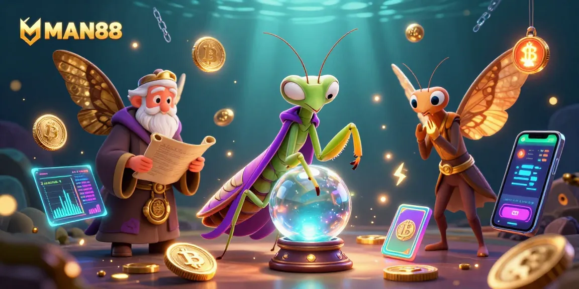 Experience the thrill of MAN88 with a vibrant illustration of fortune tellers and digital currency in action.