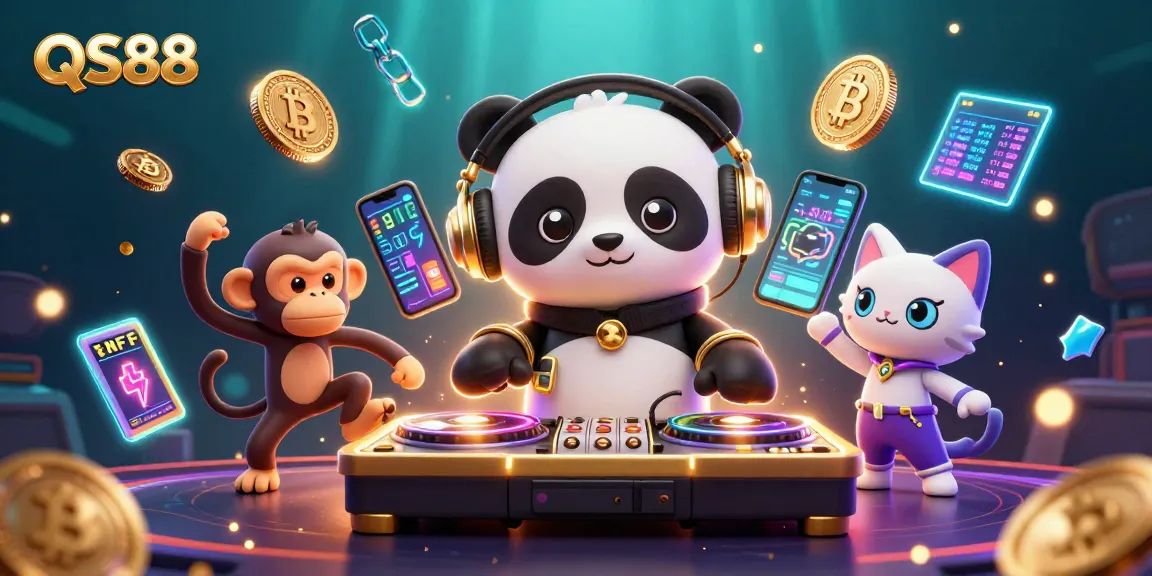Experience QS88 slots excitement with dancing characters and vibrant casino elements in this 3D illustration.
