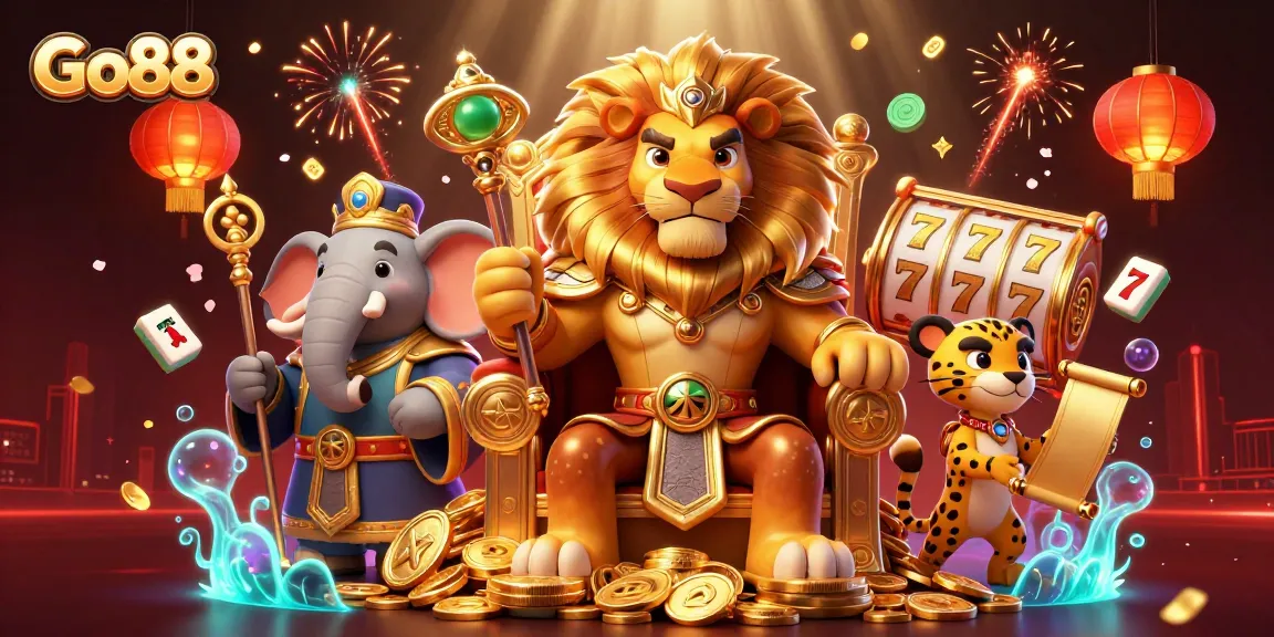 Experience gaming thrill at Go88, where animated characters celebrate casino victory with festive elements.