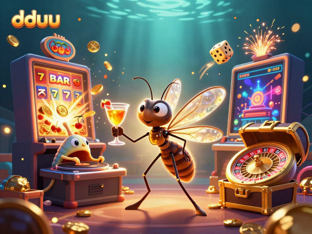Experience the excitement of dduu with a lively casino scene featuring a unique frozen-in-amber mosquito mascot.