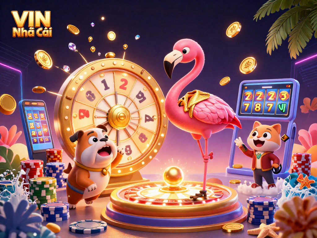 Engage with VIN Nhà cái in this vibrant 3D illustration of a casino game show featuring a flamingo host and exciting prizes.
