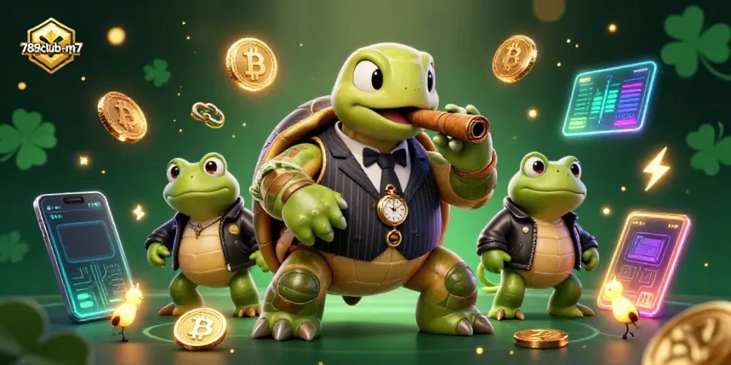 Engage with 789club-m7 as the massive cartoon turtle runs the casino with Bitcoin coins and fireflies.