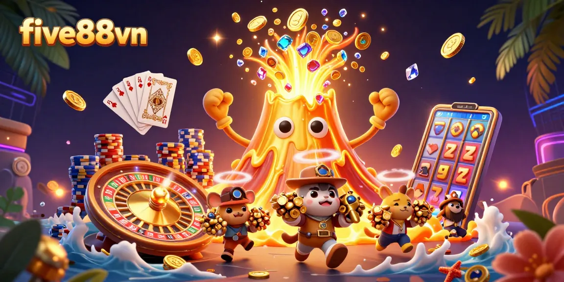 Experience the thrilling eruption of treasure in the five88vn casino world with a golden volcano and dynamic game elements.