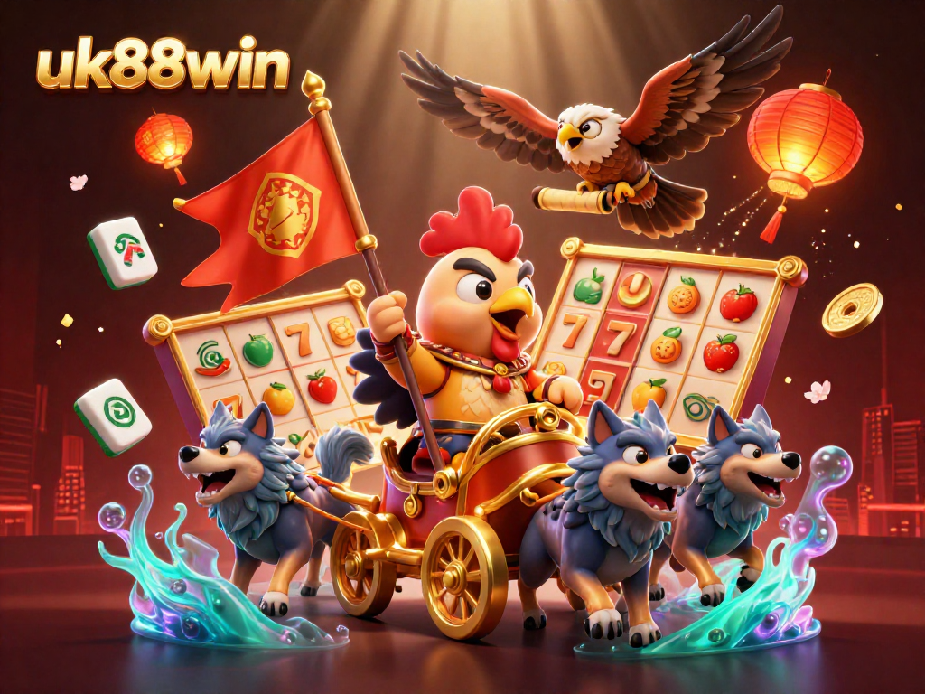 Experience thrilling slots and casino fun with uk88win's vibrant 3D illustration of a rooster warlord.