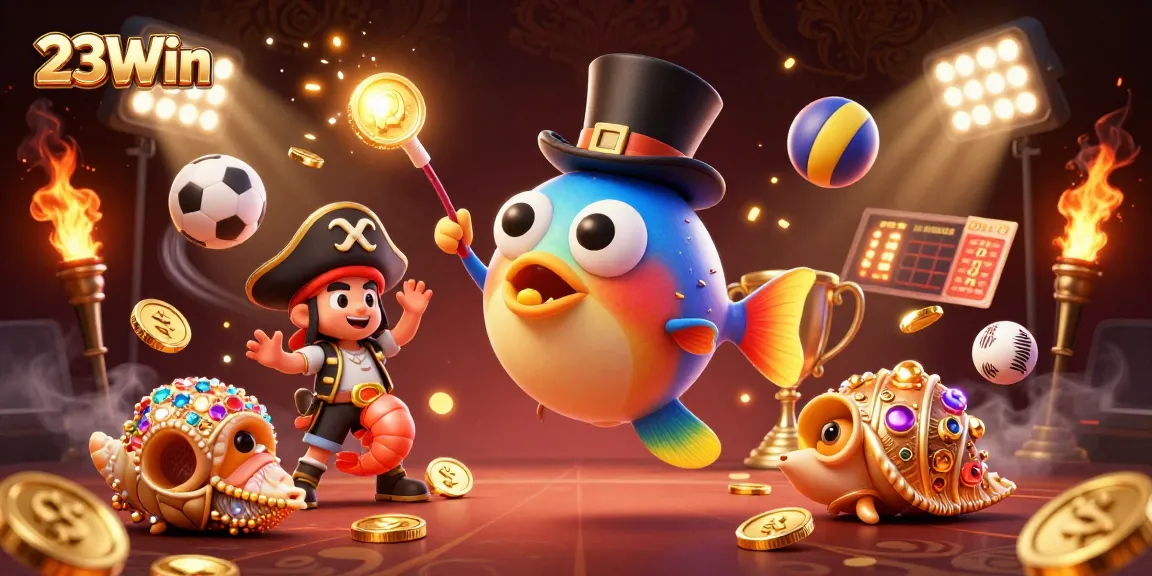 Experience the thrill of 23Win's treasure-filled world with golden coins and dynamic sports elements.