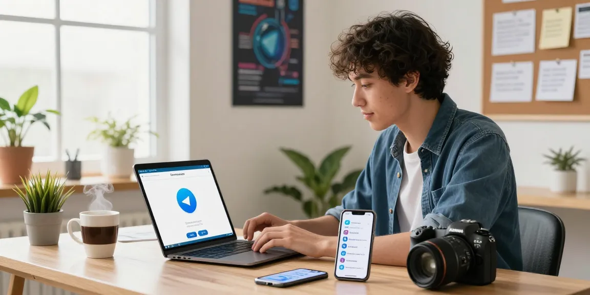 Download Telegram Download app on tablet in bright home office workspace