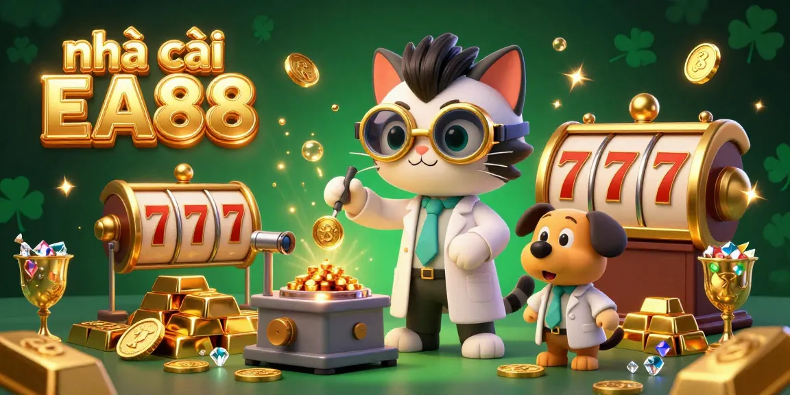Engage with nhà cái EA88 through a vibrant 3D cartoon scene showcasing dynamic slot elements and exciting treasures.