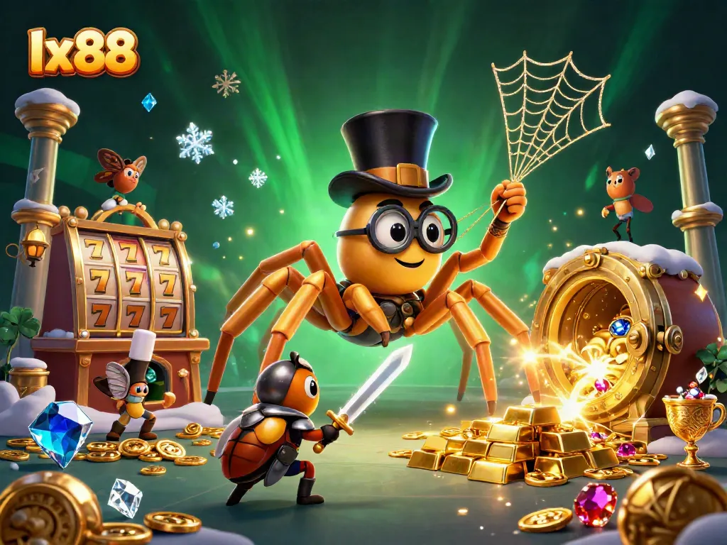 Experience the thrill of gaming with lx88's golden tarantula and brave knight amid treasure and slot reels.